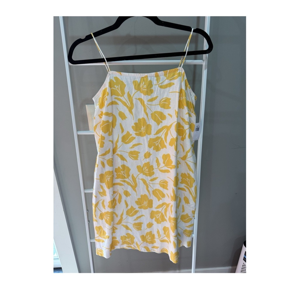 Old Navy Yellow White Floral Linen Rayon Short Sundress Square Neck Straps S‎